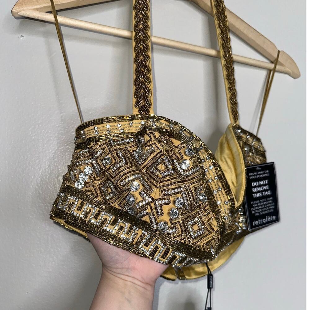 Retrofete NWT Kala Sequin Bra Halter Top Geometric Beading Gold Size Medium - Picture 4 of 9